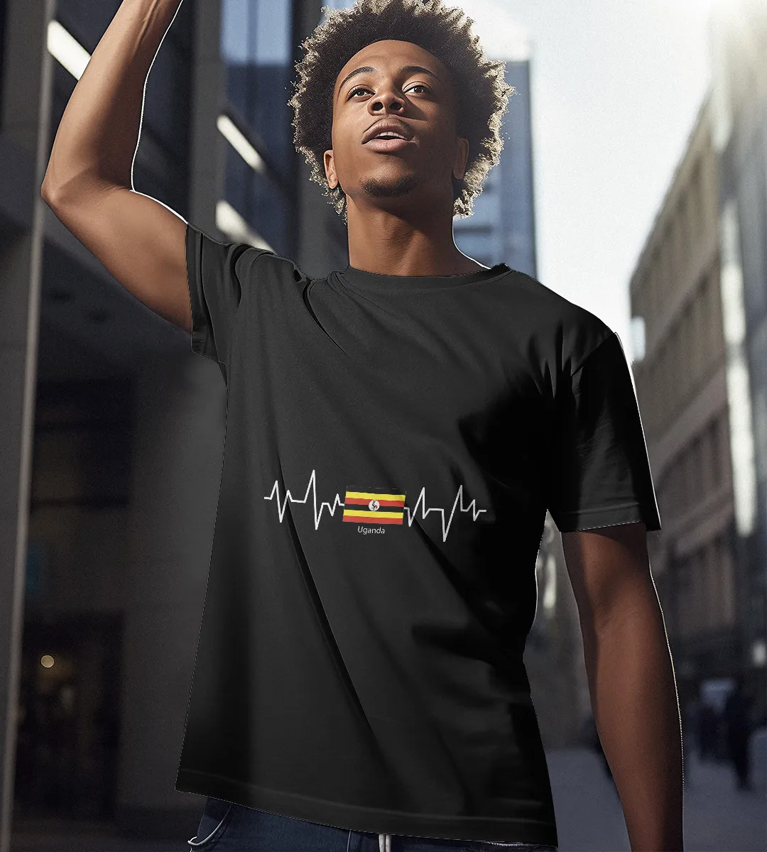 1sttheworld T-Shirt - Heartbeat Ugandan Flag T-Shirt Black A35