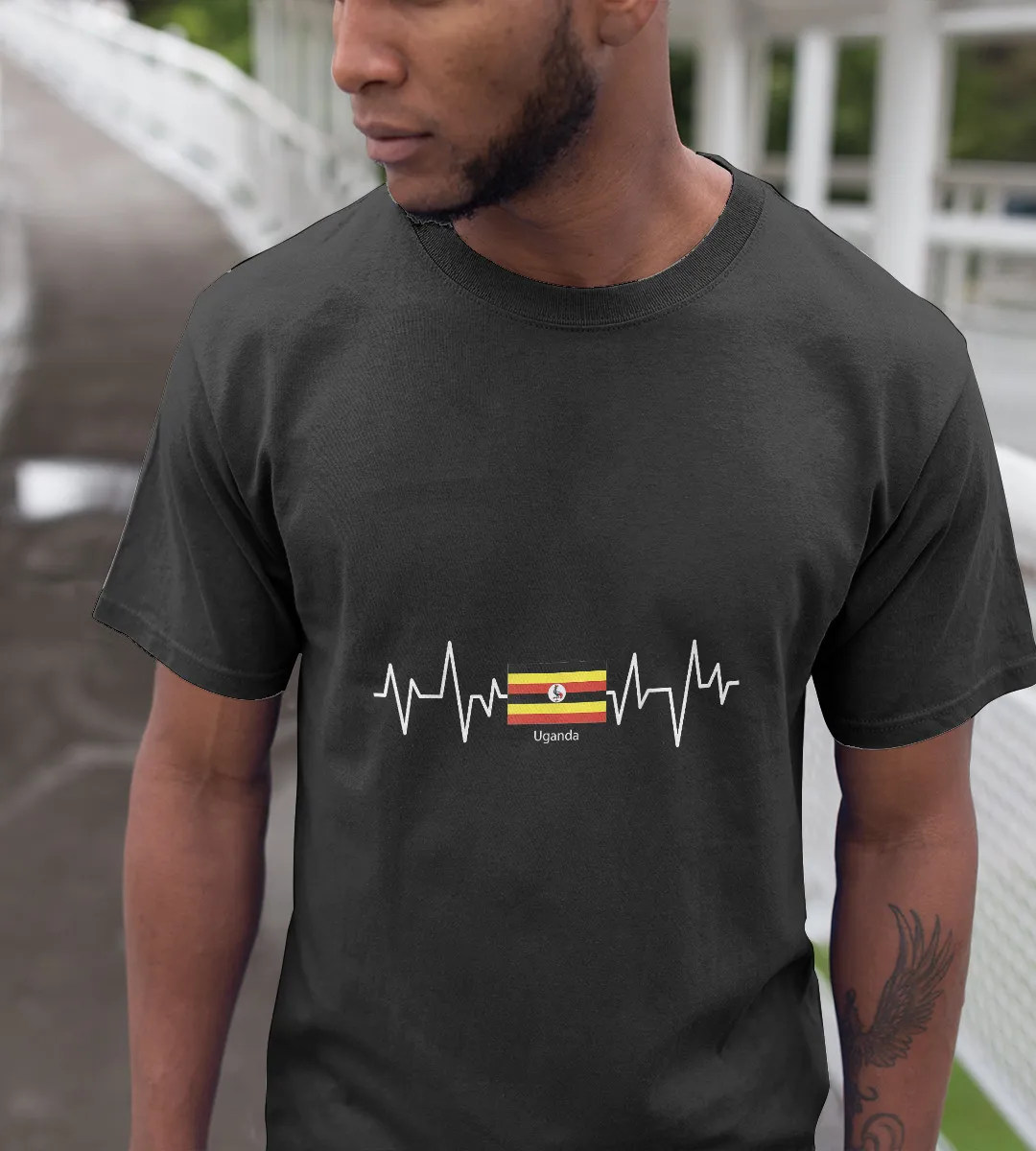 1sttheworld T-Shirt - Heartbeat Ugandan Flag T-Shirt Black A35