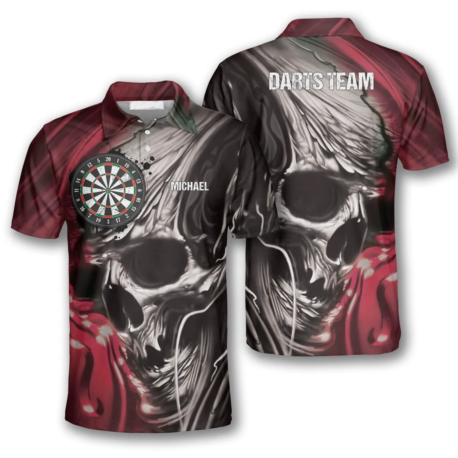 3D All Over Print Dart Polo Shirt, Skull BR Custom Darts Shirts for Men, Red Skull Dart Shirt