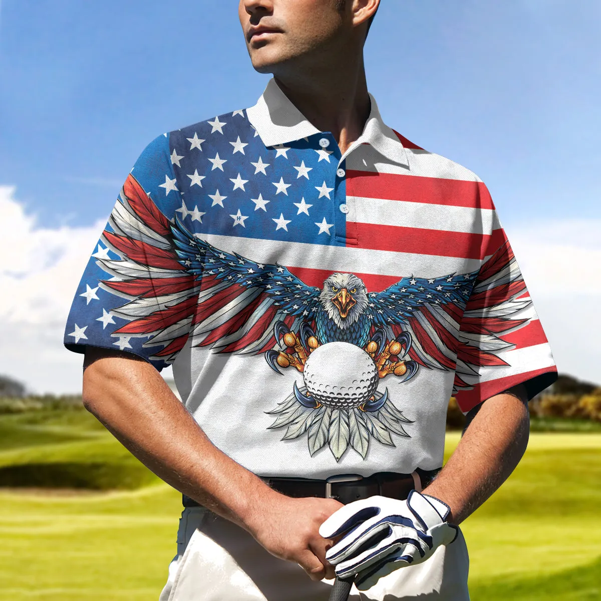 3D All Over Print Golf American Flag Eagle Wings Men Polo Shirt, White Golf Pattern And Golf Ball Polo Shirt Coolspod