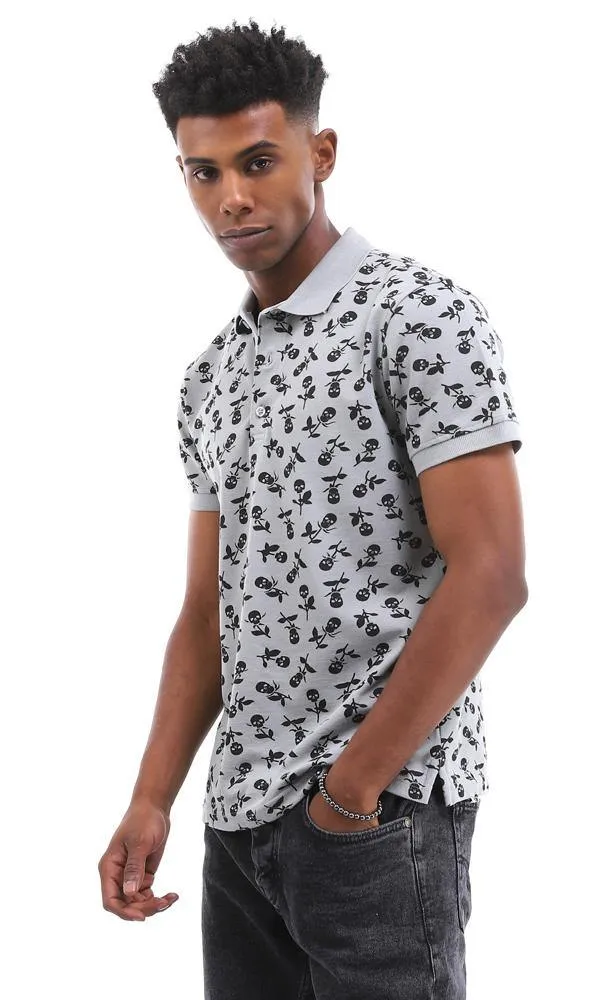 94924 Skull Flower Printed Medium Grey Polo Shirt