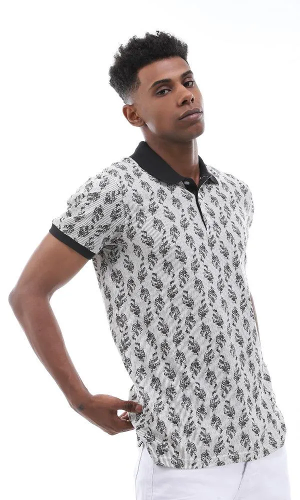 95007 Printed Striped & Leaves Buttoned Off White & Black Polo Shirt