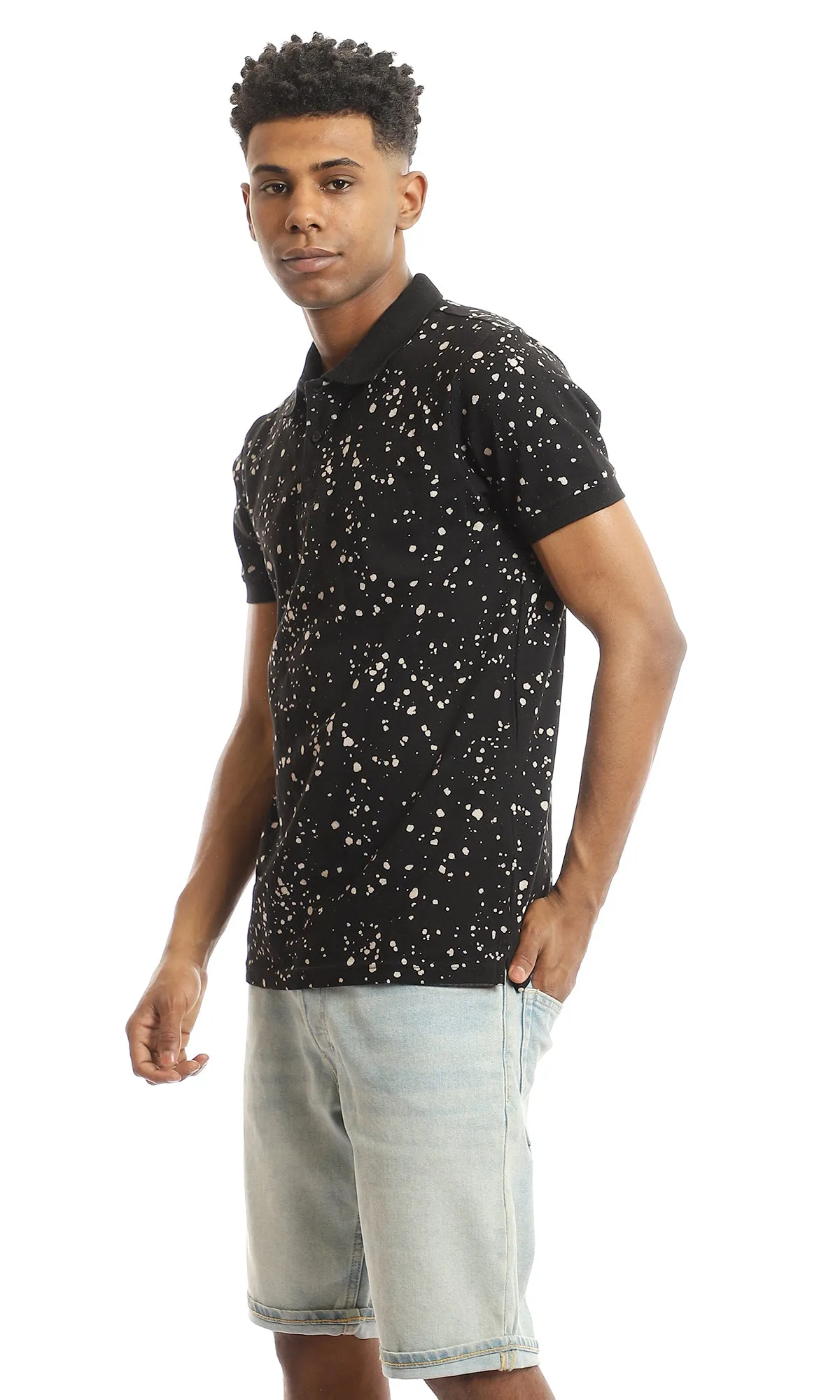 97567 Pique Random Splatters Collared Polo Shirt - Black & Beige