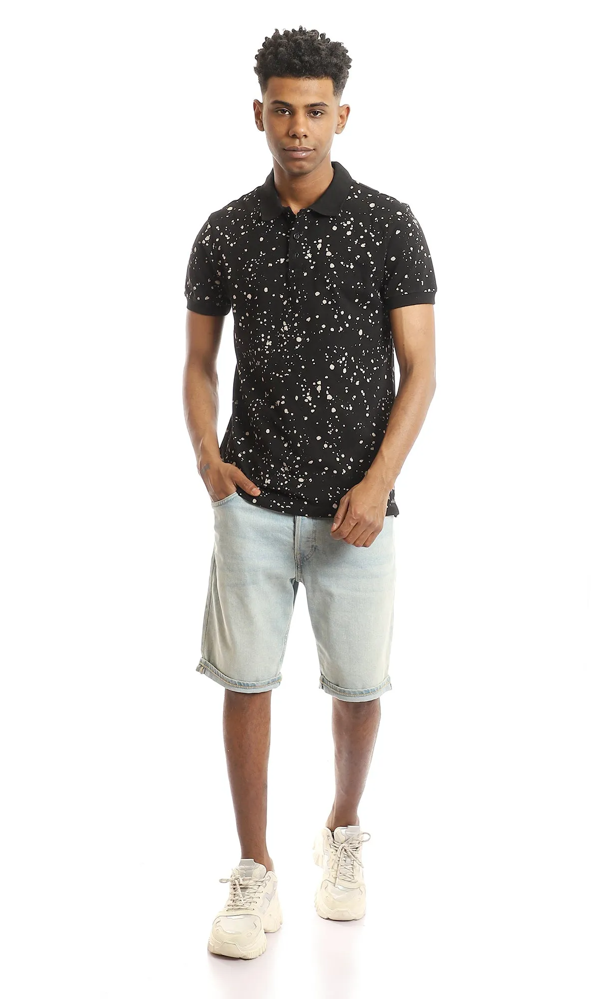 97567 Pique Random Splatters Collared Polo Shirt - Black & Beige