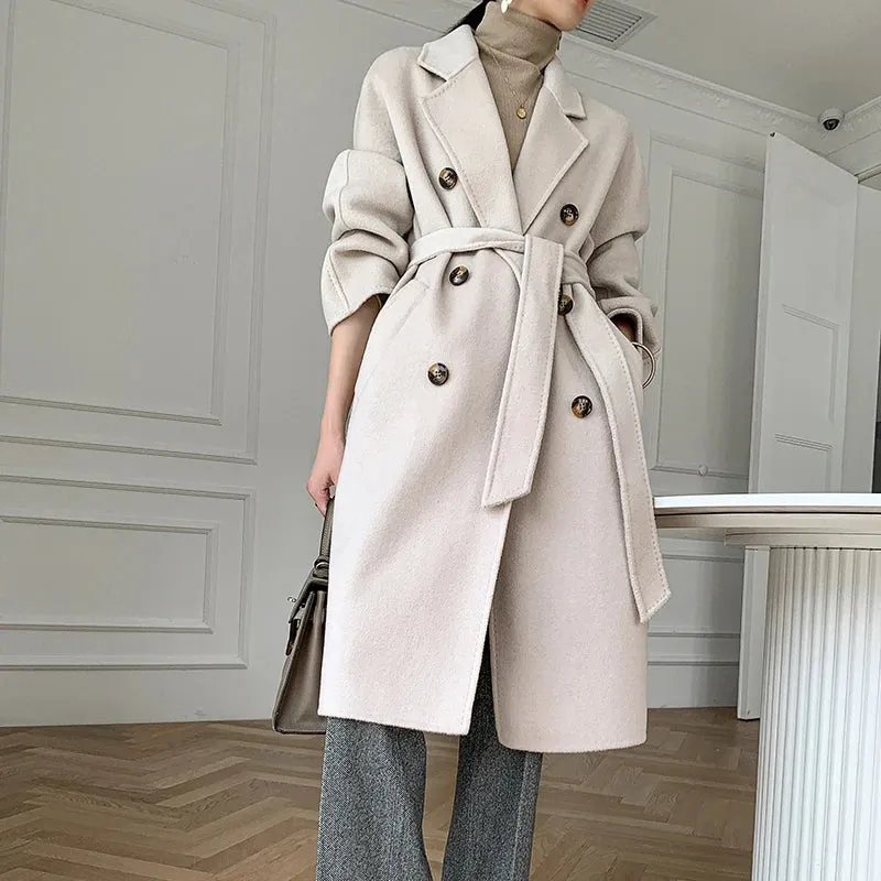 Ashore Shop Autumn and Winter New Cashmere Coat Women's Classic Double-breasted Women's Thickened Double-sided Wool Long Coat  MM