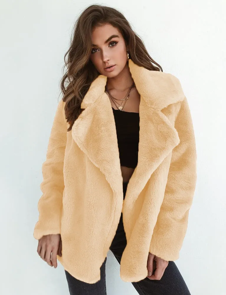 Ashore Shop New Women Faux Fur Elegant Brown Shaggy Coats Autumn Winter Warm Plush Teddy Coat Streetwear Female White Furry Fluffy Jacket