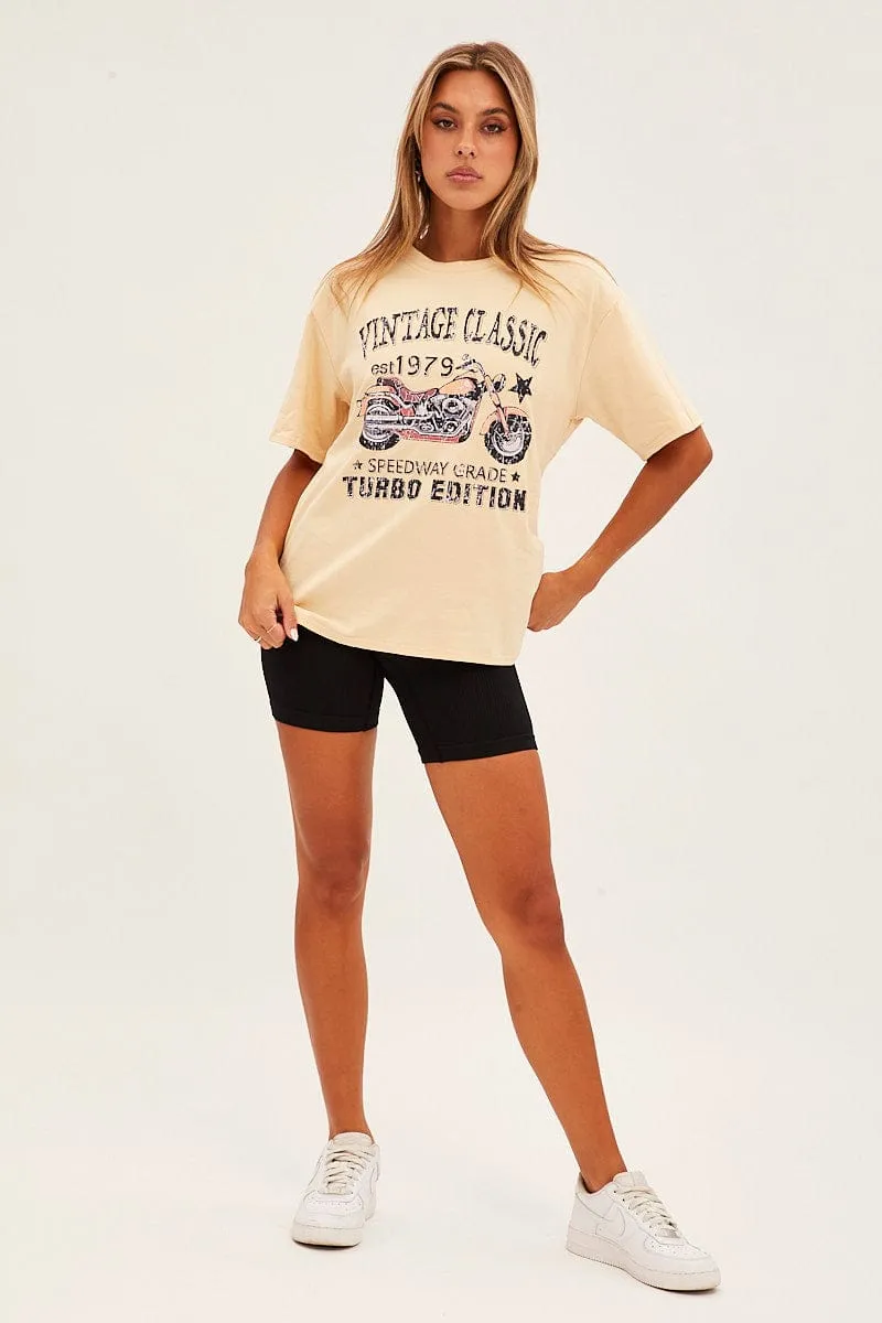 Beige Graphic Short Sleeve Oversized T Shirt