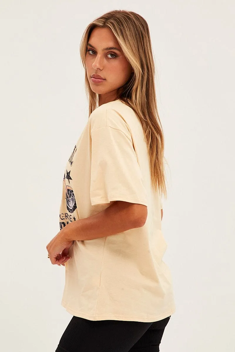 Beige Graphic Short Sleeve Oversized T Shirt