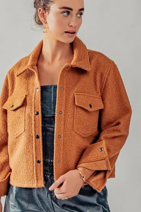 Bella Snap Button Semi Crop Teddy Jacket in Burnt Orange