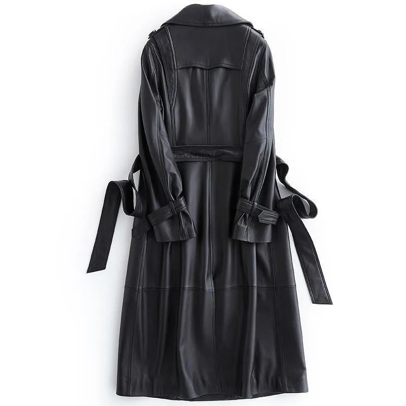 Black Lapel Leather Trench Coat For Women