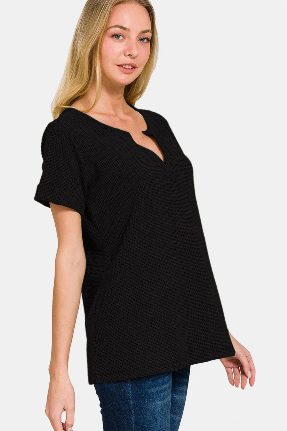 Black Notched Short Sleeve Waffle T-Shirt