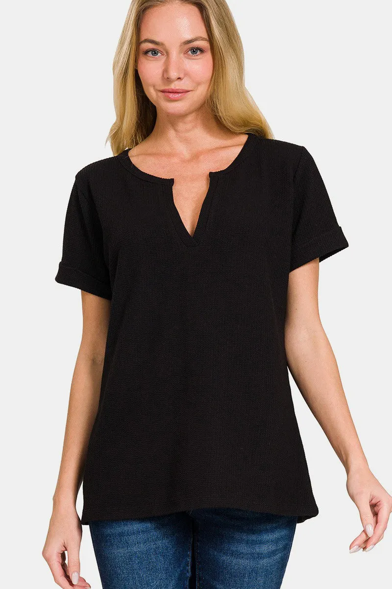 Black Notched Short Sleeve Waffle T-Shirt