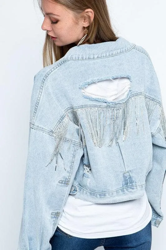 BLUE B Rhinestone Fringe Distressed Denim Jacket