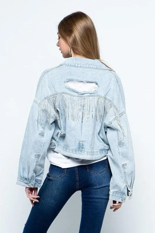 BLUE B Rhinestone Fringe Distressed Denim Jacket