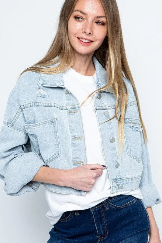 BLUE B Rhinestone Fringe Distressed Denim Jacket