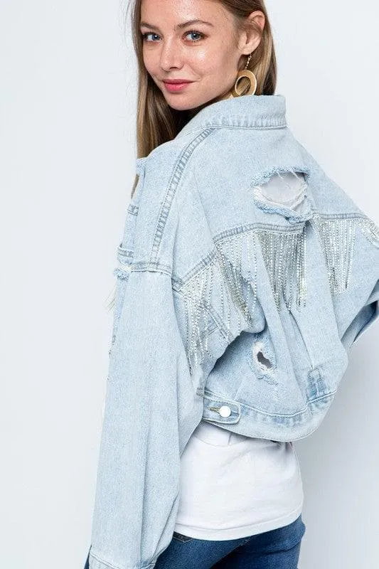 BLUE B Rhinestone Fringe Distressed Denim Jacket