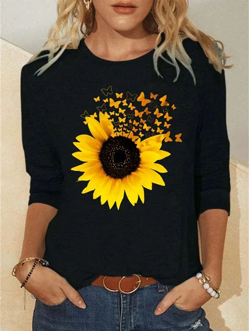 Butterfly and Sunflower Print Women's Long Sleeve T-shirt