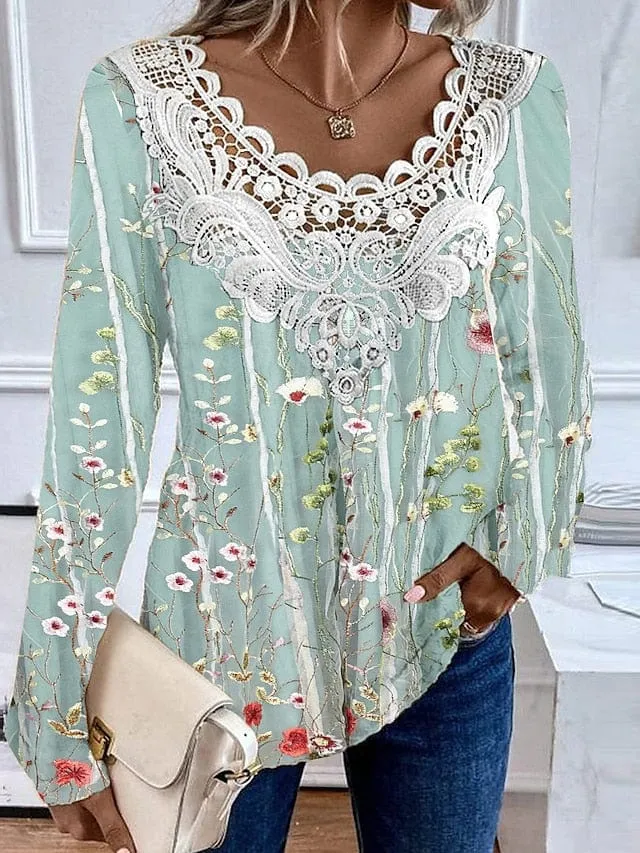 Casual Floral Long Sleeve Shirt Blouse for Women with Lace Patchwork