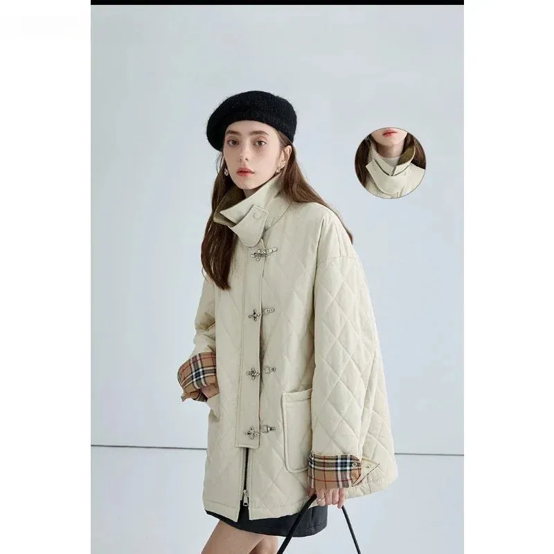 Vintage Autumn Winter Casual Retro Style Single Breasted Parkas Plaid Jacket For Women