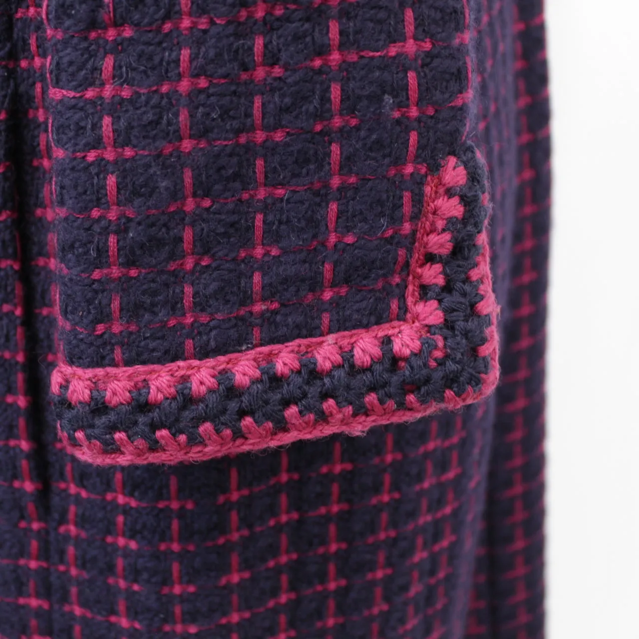 Chanel Navy & Fuschsia Check Wool & Alpaca Crochet Trim Coat S