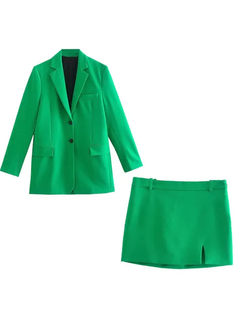 City Commenter Matching Outfits Sets 2023 Chic Green Oversized Long Women Blazer   mini Skirt 2pc Sets