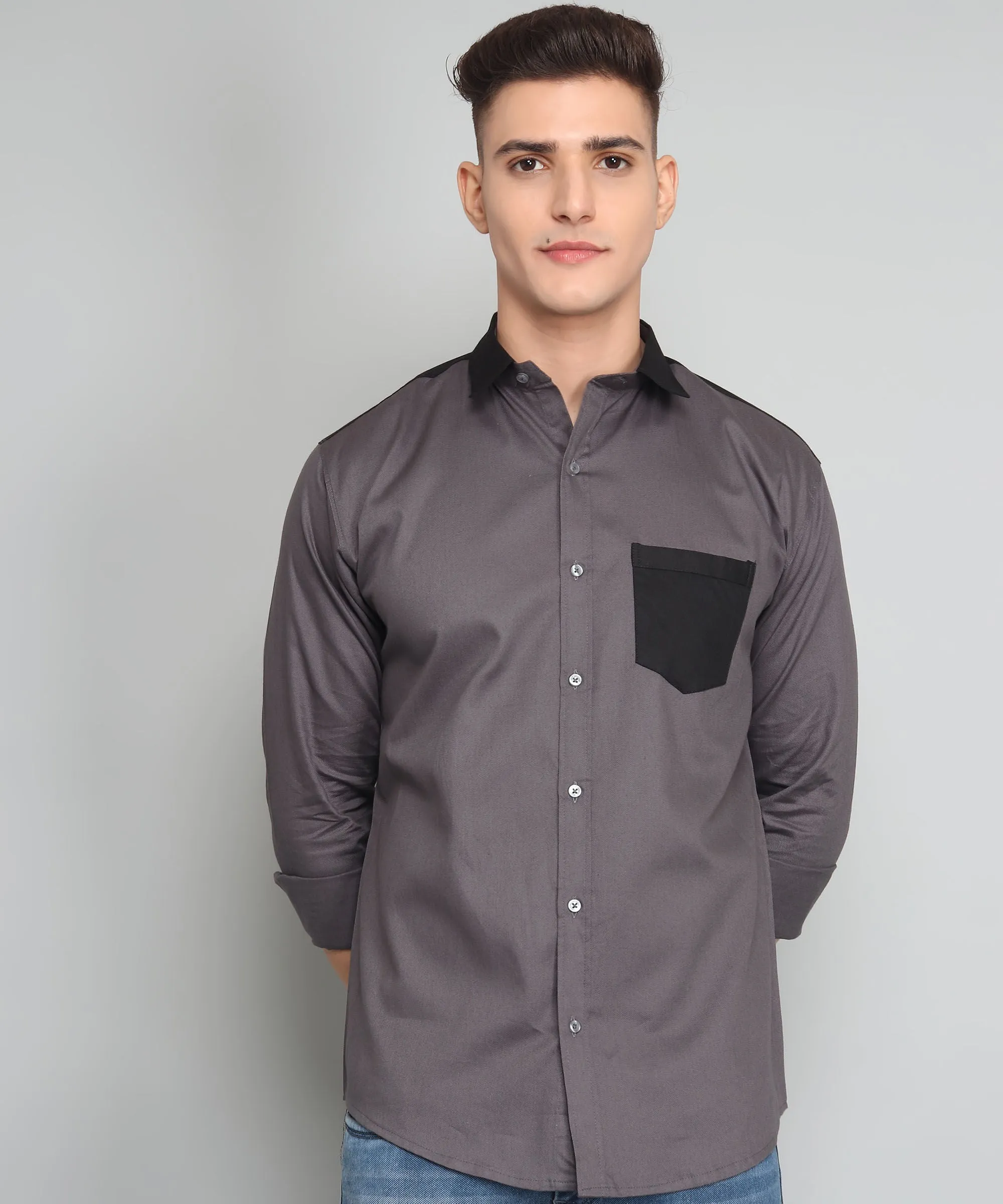 Creek Premium Grey Solid  Cotton Button-Up Shirt For Men