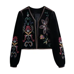 Embroidery Women Velvet Short Coat Spring Autumn Ladies Blazer Long Sleeve Folk Custom Outerwear Casual Jacket for Female