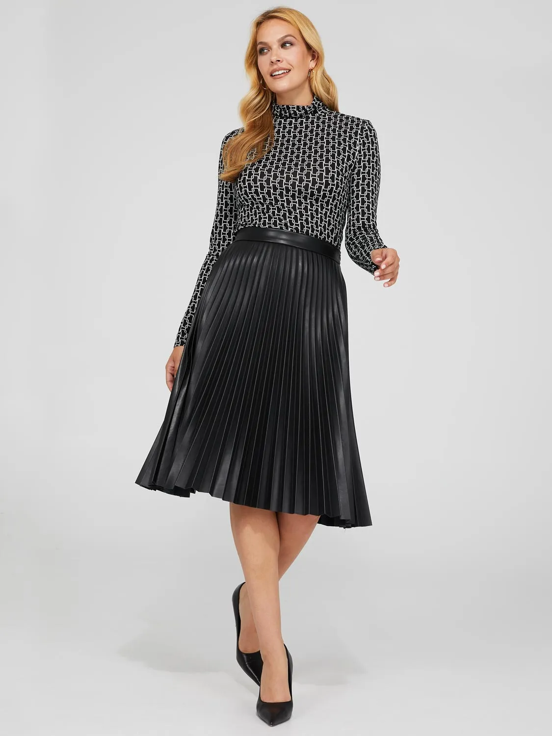 Faux Leather Pleated Midi Skirt