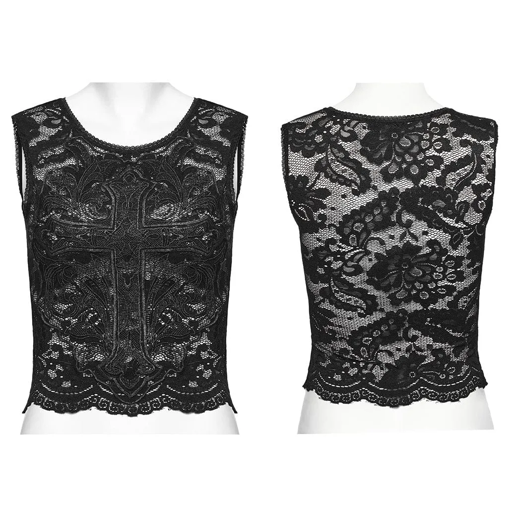 Gothic Cross Embroidered Lace Tank Top