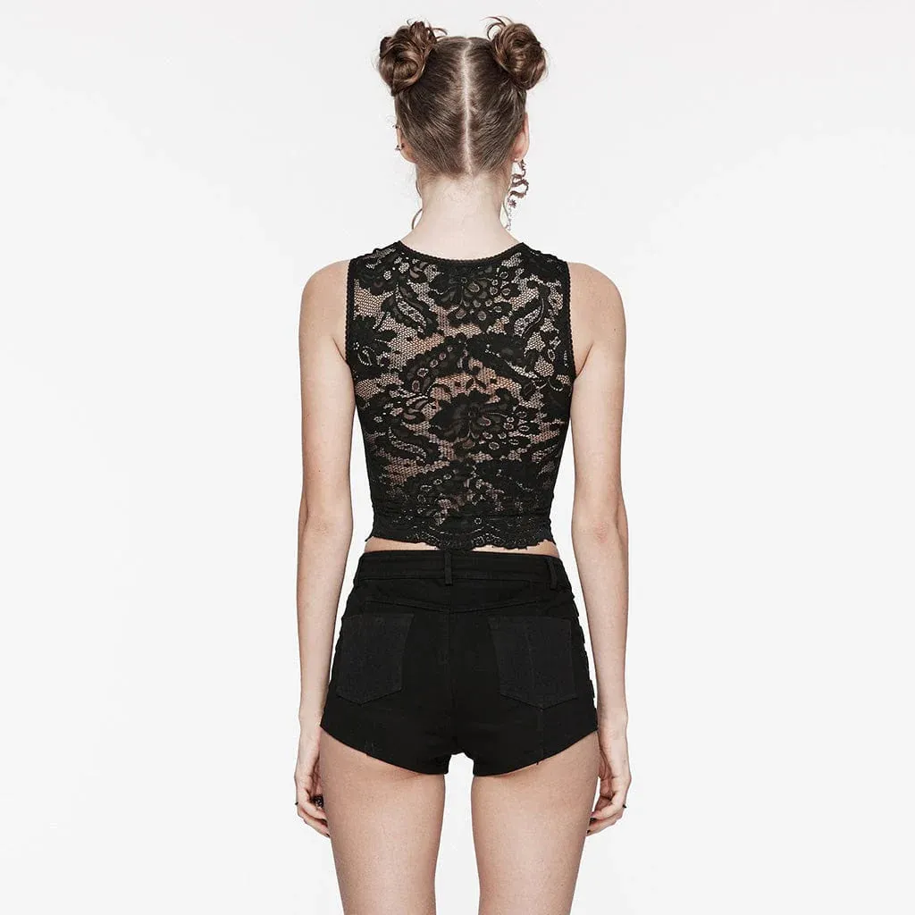 Gothic Cross Embroidered Lace Tank Top