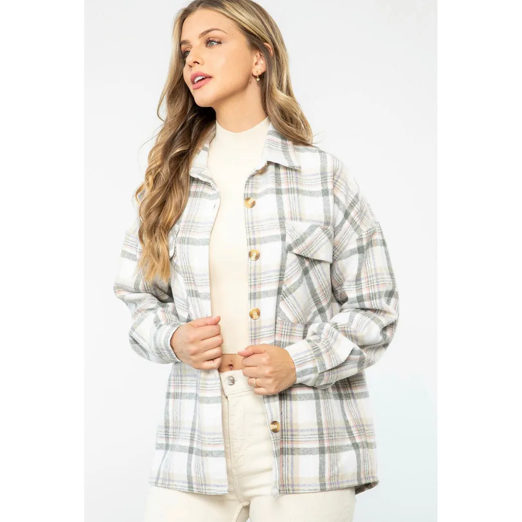 Kathryn Plaid Grey Cream Button Up Jacket-SALE