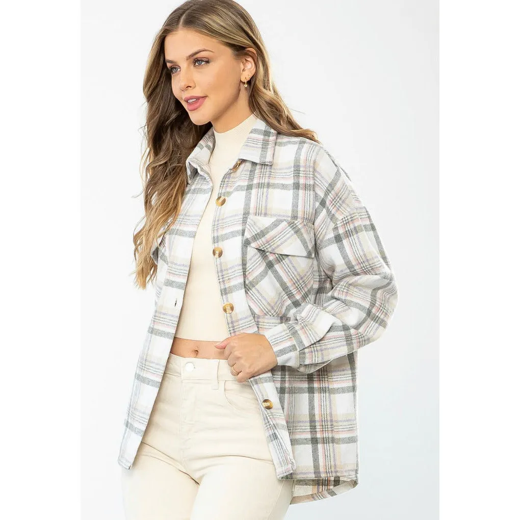 Kathryn Plaid Grey Cream Button Up Jacket-SALE