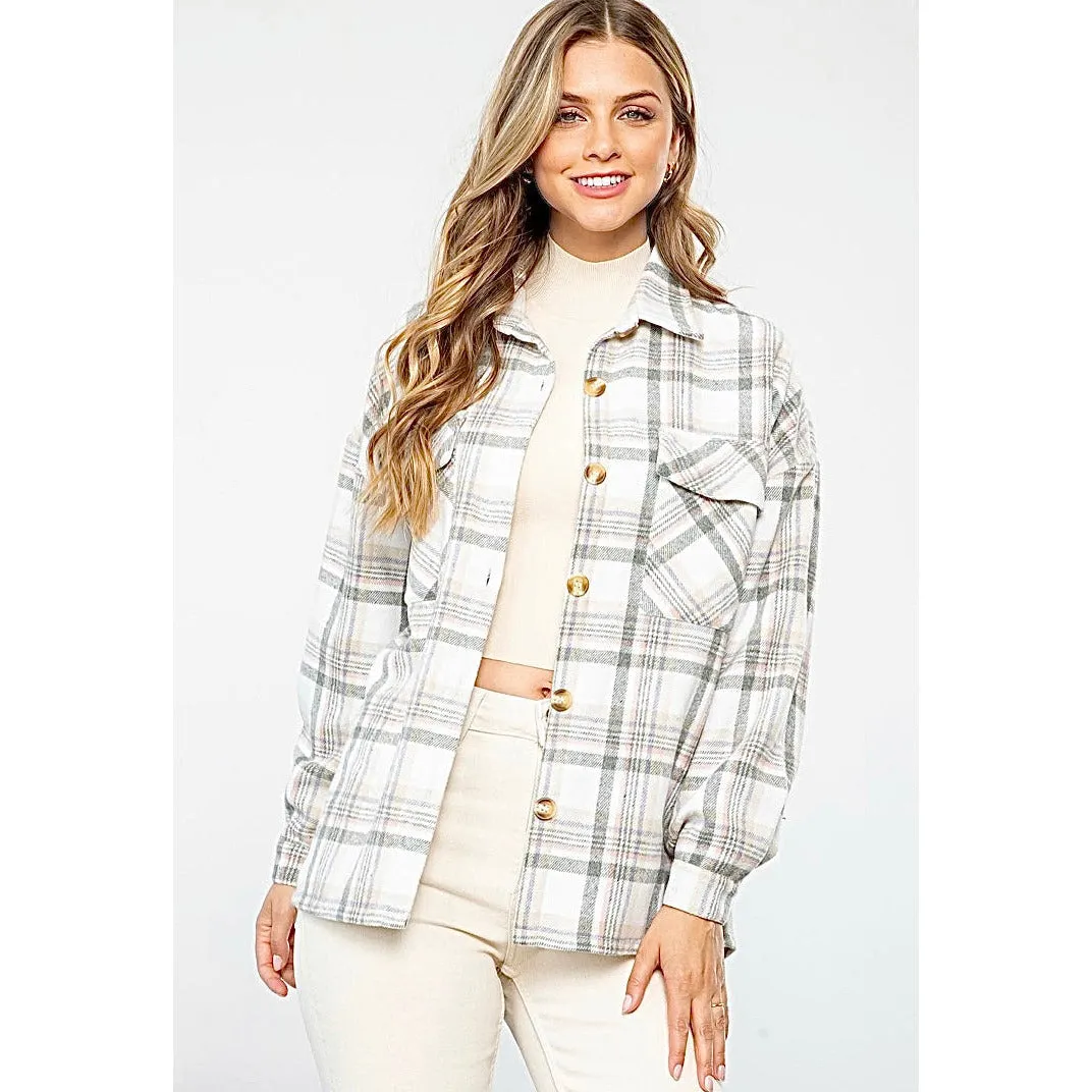 Kathryn Plaid Grey Cream Button Up Jacket-SALE