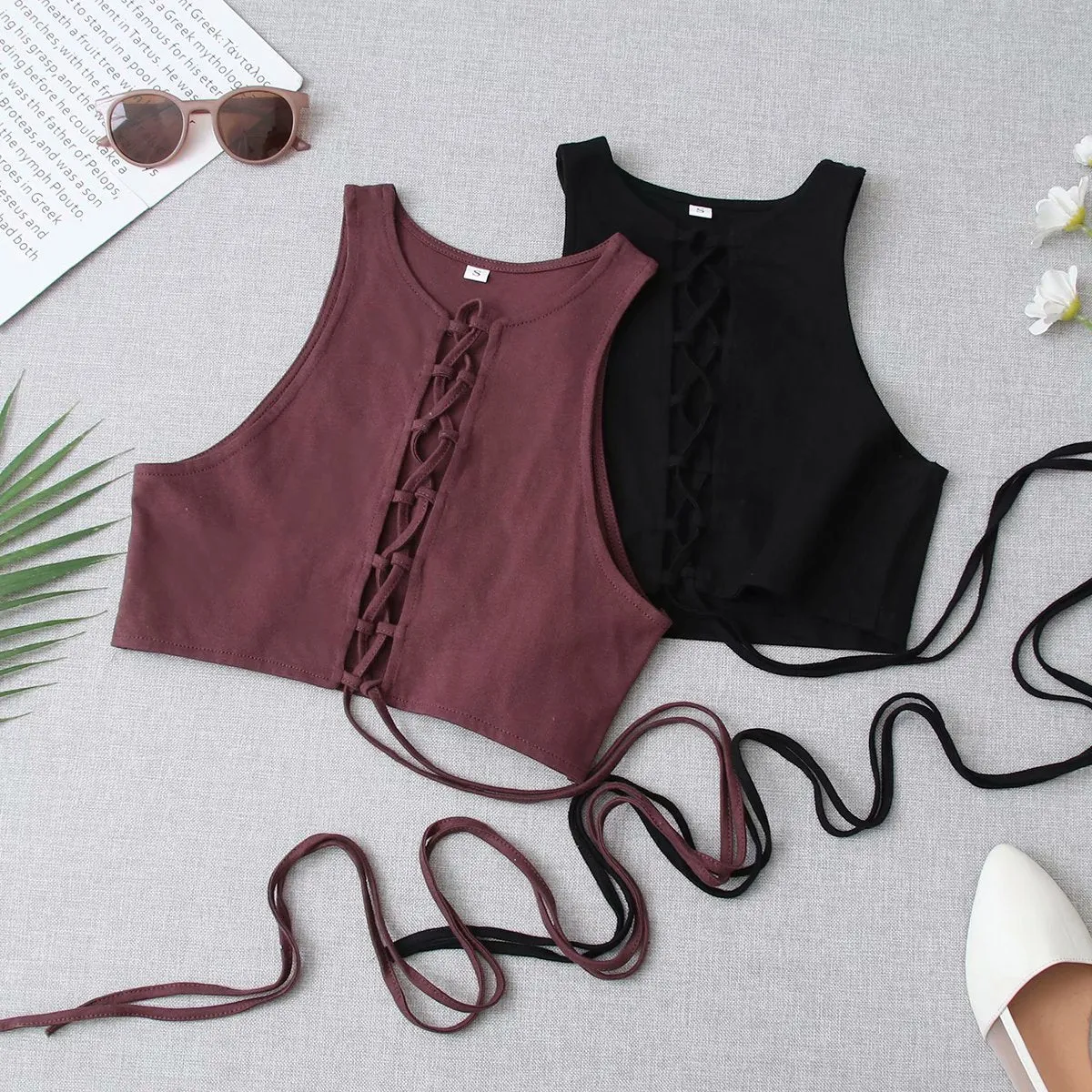 Lace-up Women Solid Tank Top