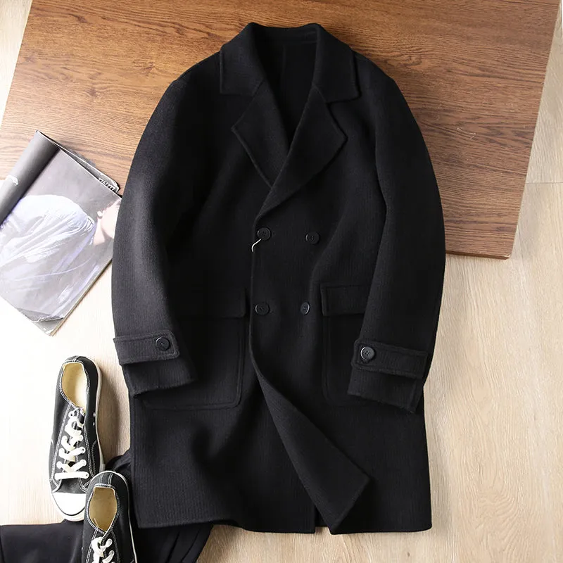 Lt. Luxury men's mid-length double-breasted woolen coat jacket