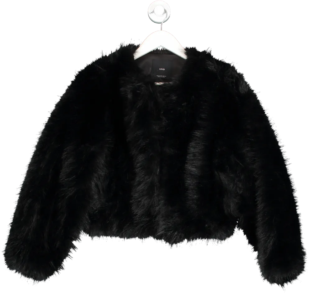 MANGO Black Cropped Faux Fur Coat UK M