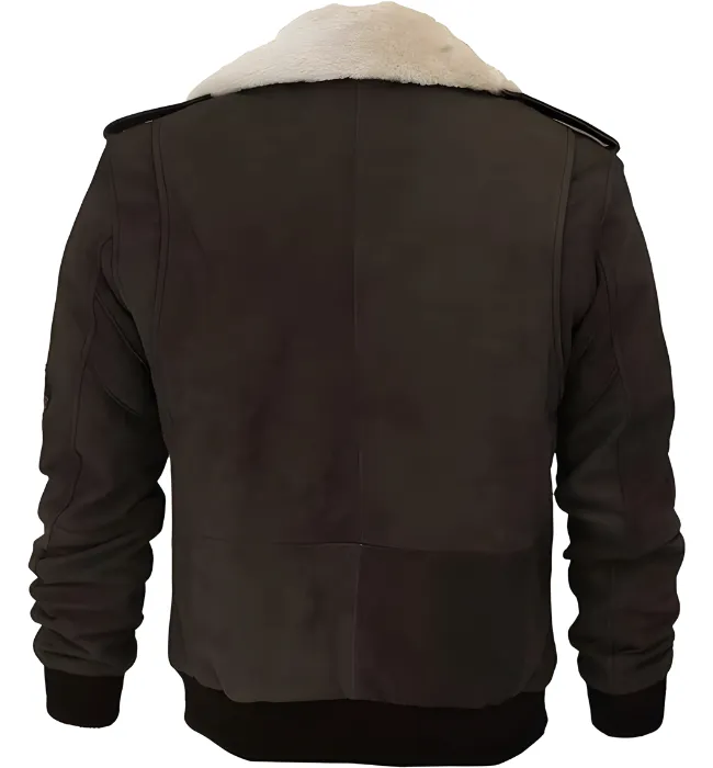 Men Brown Suede Leather Shearling Collar Bomber Jacket