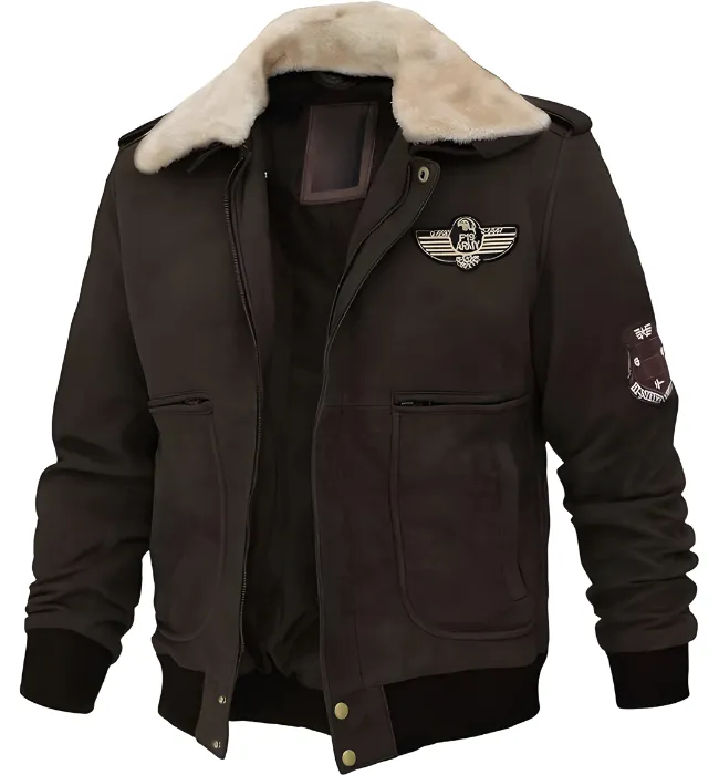 Men Brown Suede Leather Shearling Collar Bomber Jacket