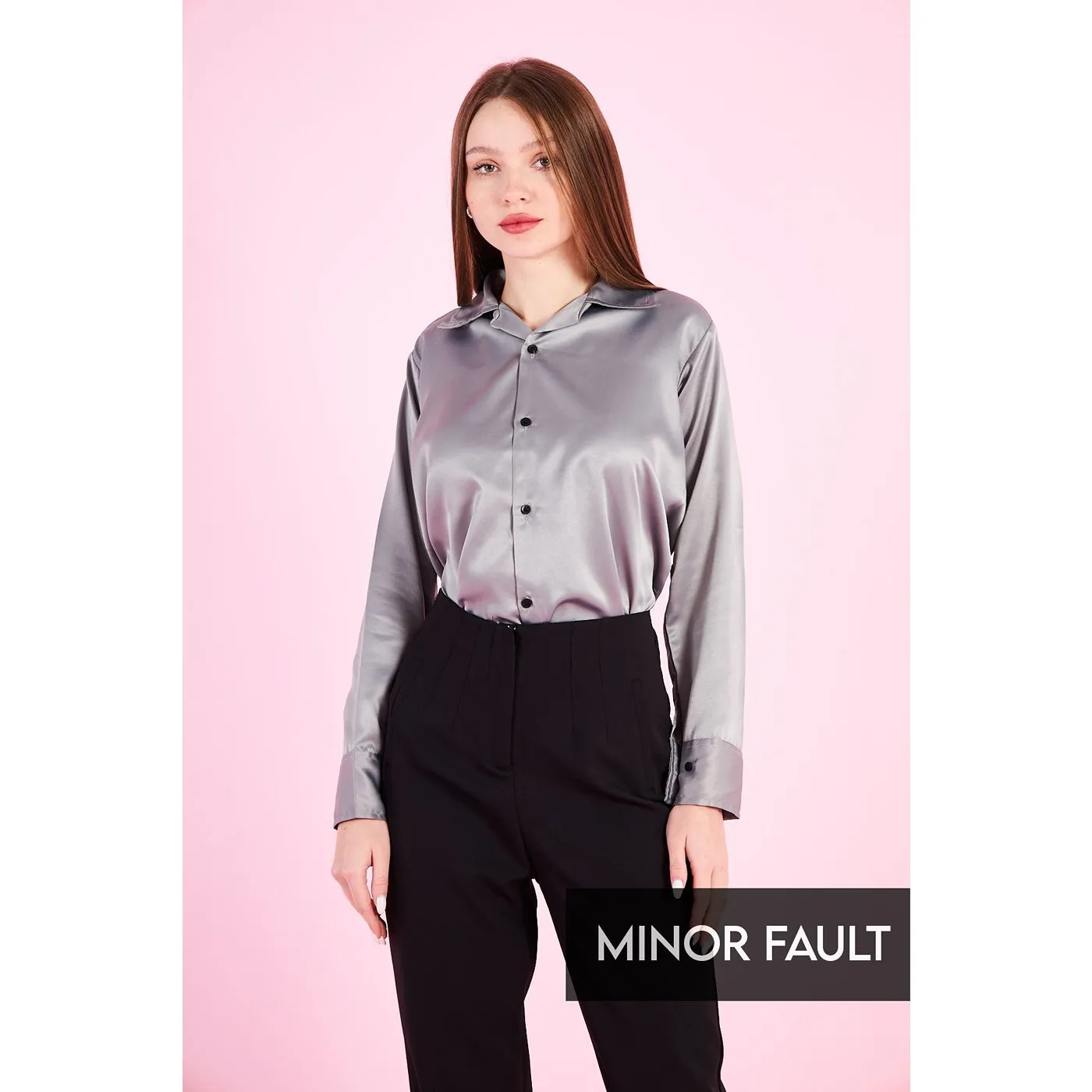 (Minor Fault) Grey Cuban Collar Satin Shirt