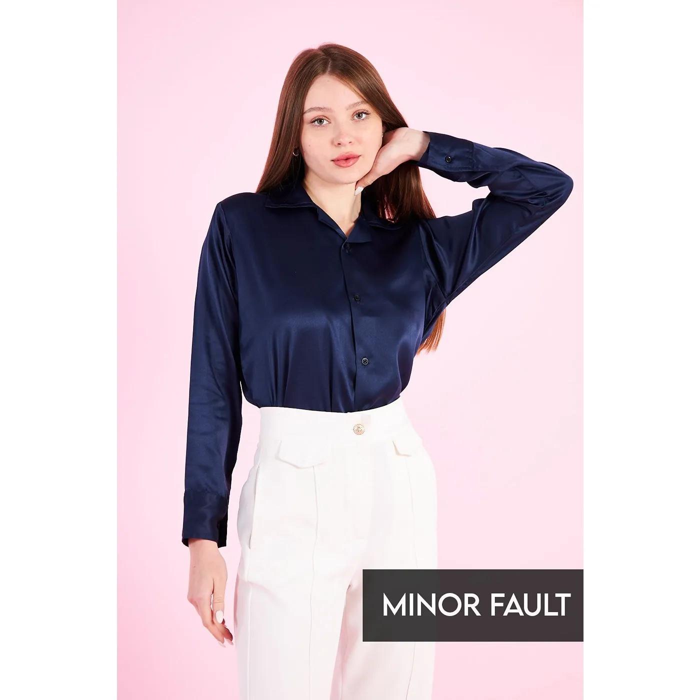 (Minor Fault) Navy Cuban Collar Satin Shirt