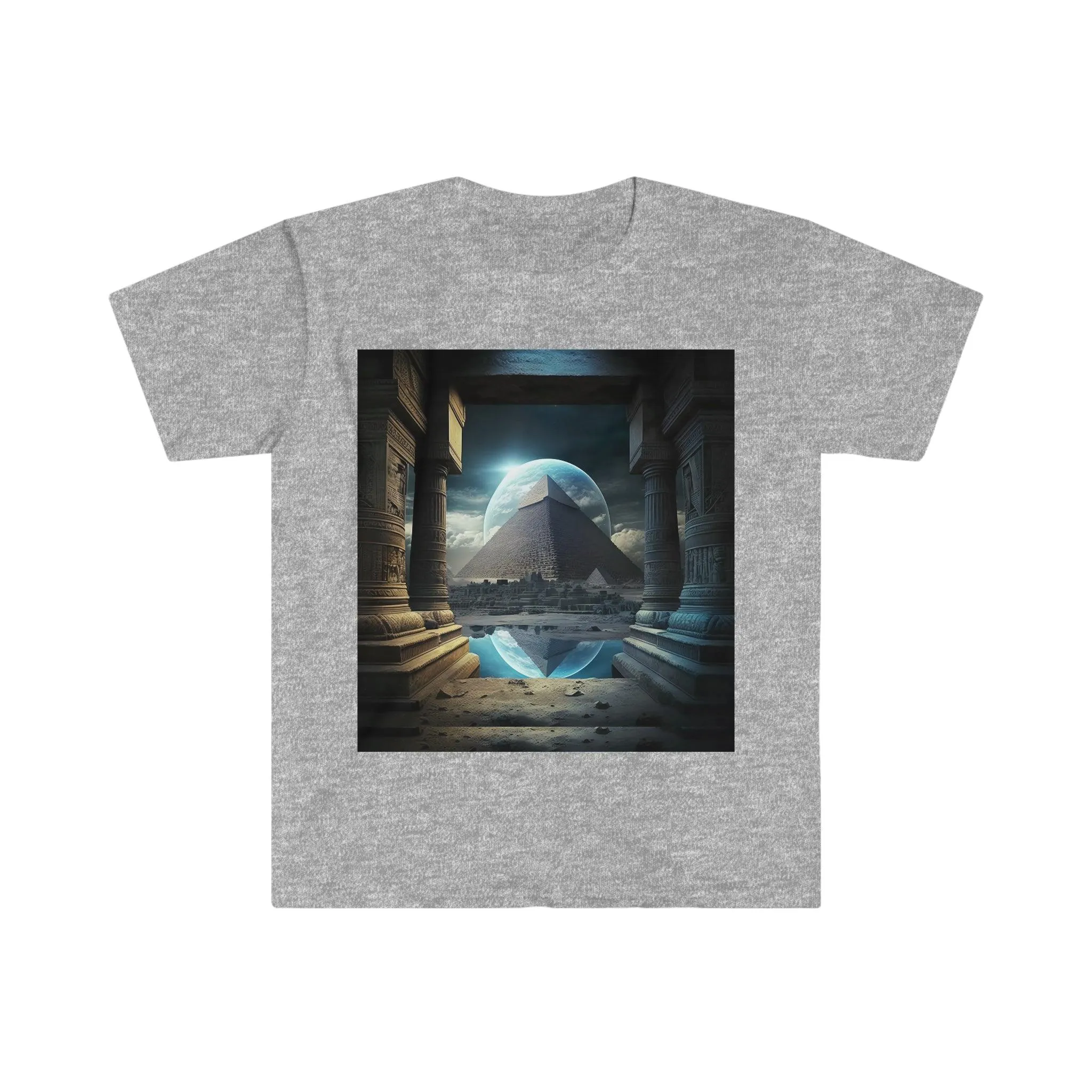 Mystic Eclipse: Egyptian Pyramid AI Art T-shirt -Men's and Women's Unisex Softstyle Shirt - Festival Urban Street Wear v2.0