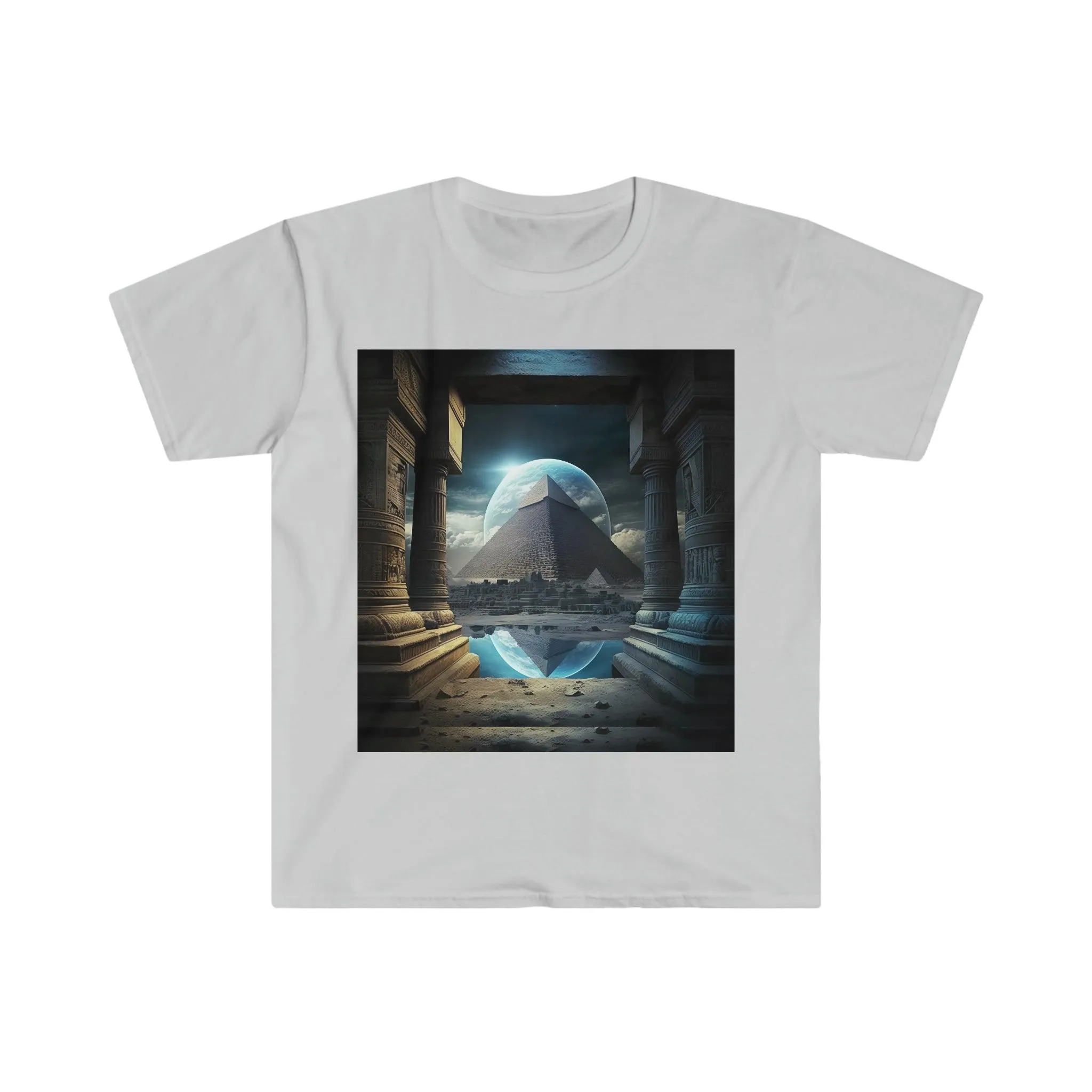 Mystic Eclipse: Egyptian Pyramid AI Art T-shirt -Men's and Women's Unisex Softstyle Shirt - Festival Urban Street Wear v2.0