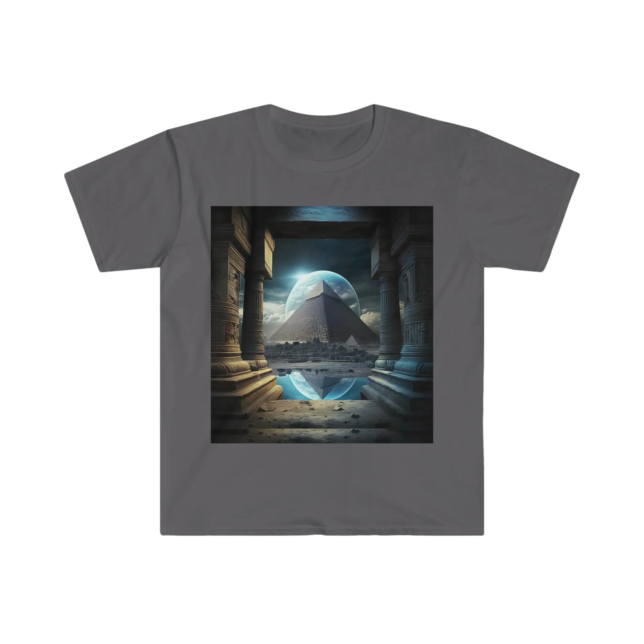 Mystic Eclipse: Egyptian Pyramid AI Art T-shirt -Men's and Women's Unisex Softstyle Shirt - Festival Urban Street Wear v2.0