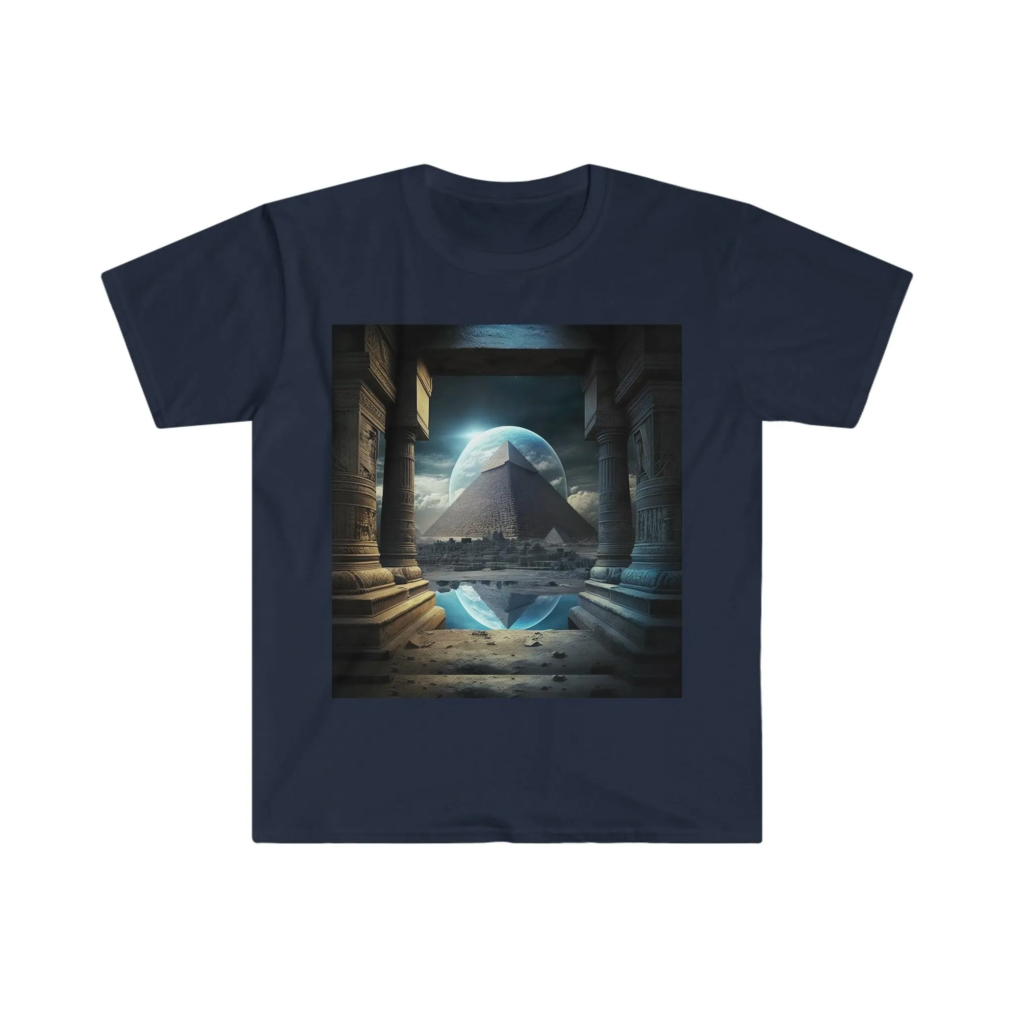 Mystic Eclipse: Egyptian Pyramid AI Art T-shirt -Men's and Women's Unisex Softstyle Shirt - Festival Urban Street Wear v2.0