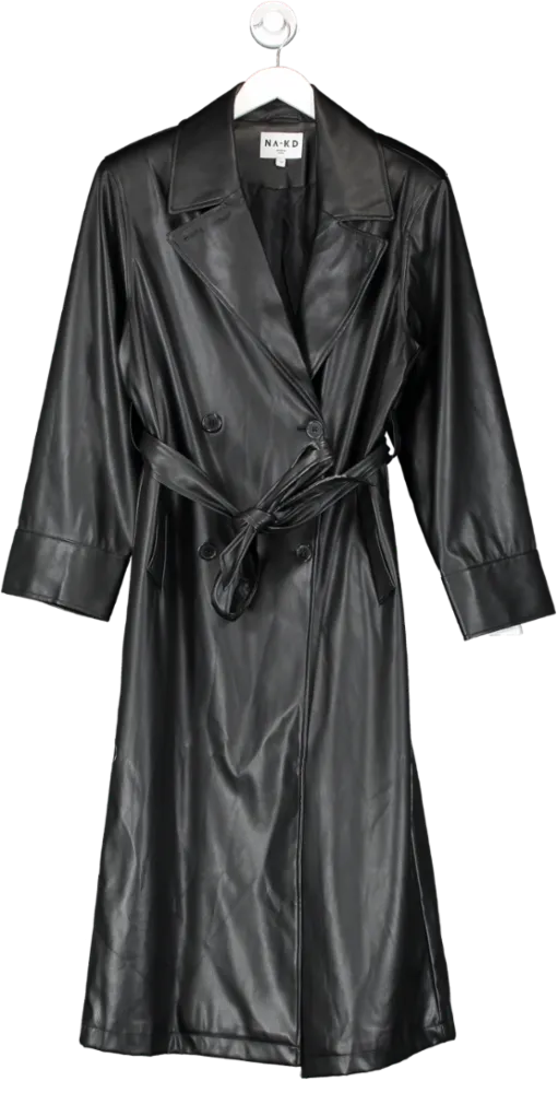 NA-KD Black Padded Shoulder Pu Trench Coat UK 6