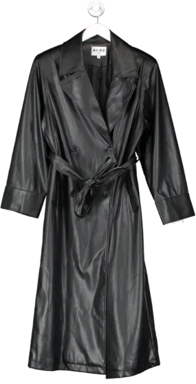 NA-KD Black Padded Shoulder Pu Trench Coat UK 6