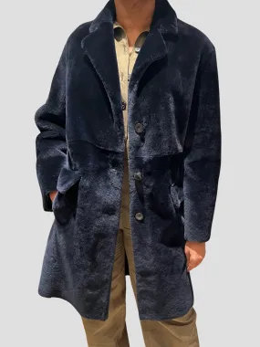 Navy Merino Shearling Notch Collar Coat