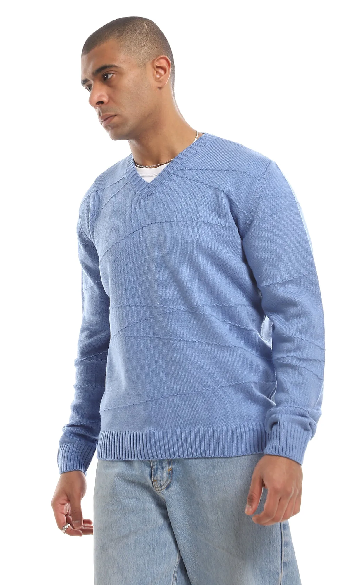 O161324 Cozy V-Neck Knitted Acrylic Pullover - Cornflower