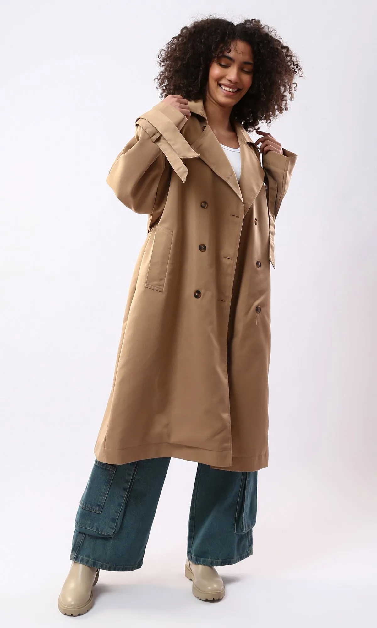 O176259 Classic Collar Dark Beige Buttoned Coat