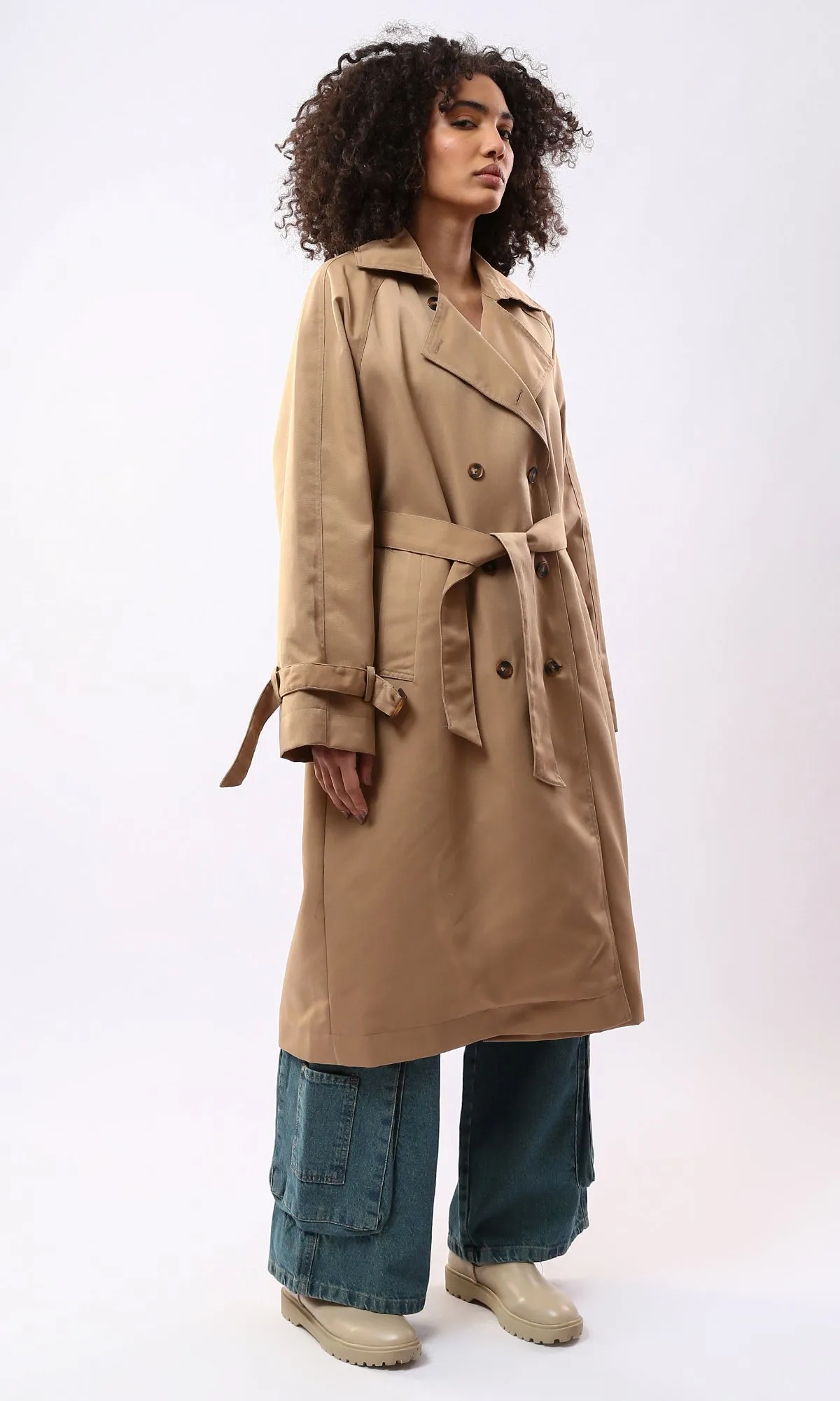 O176259 Classic Collar Dark Beige Buttoned Coat